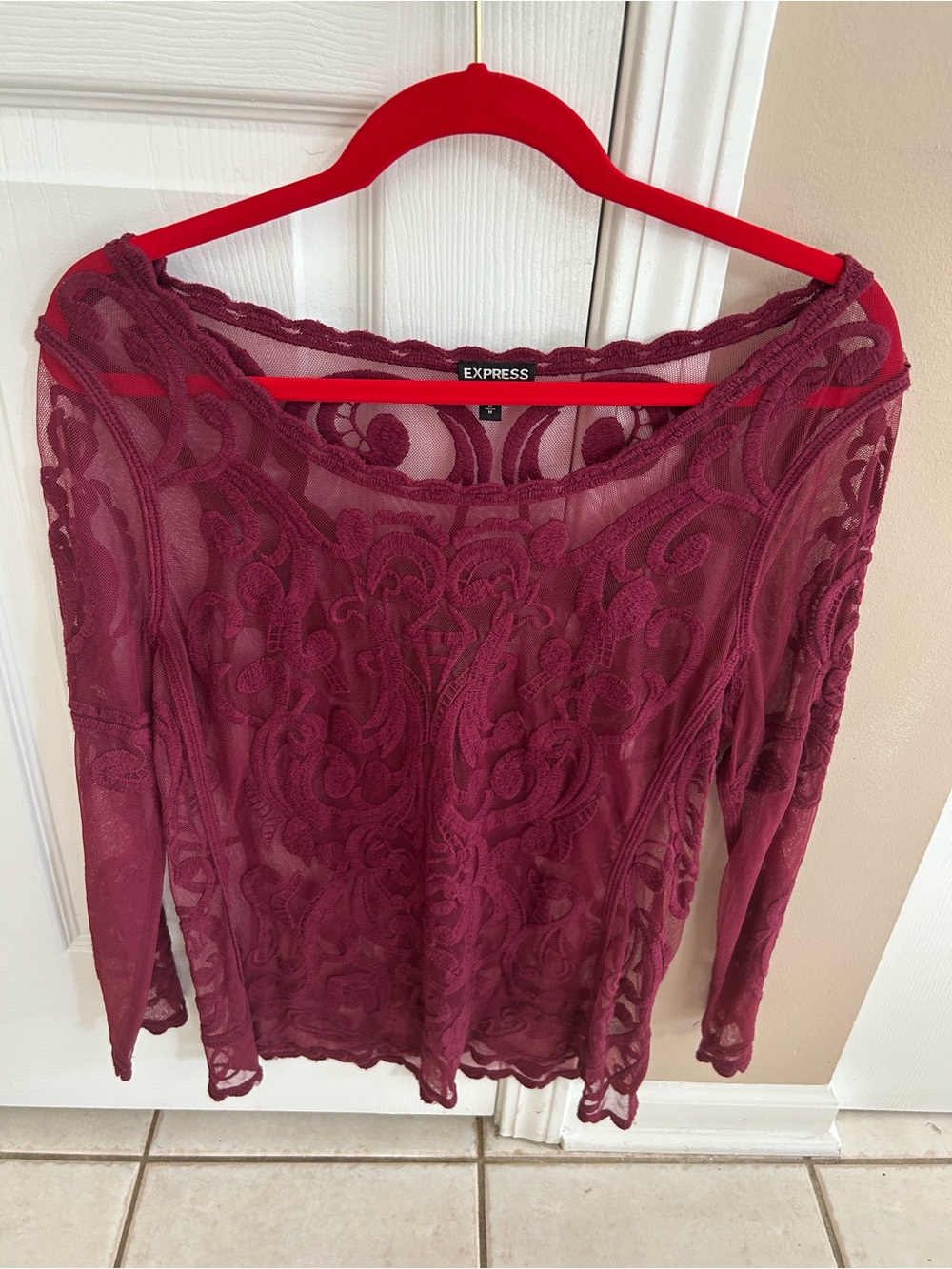 Express Women's Sheer Lace Long-Sleeve Top in Wine